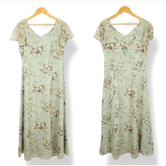 NEW Vintage Coldwater Creek 100% Silk Flutter Sleeve Floral Midi Dress in Sage - Picture 11 of 11